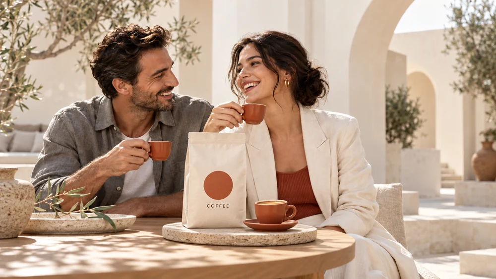 A couple in a coffee commercial, with a prominent coffee package and cup on the table