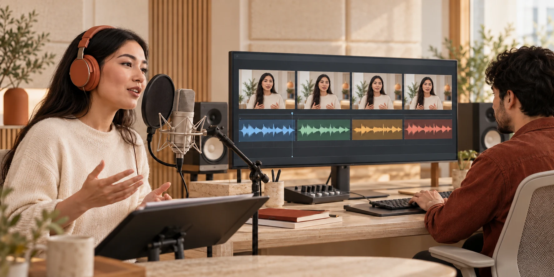 A voice artist at a microphone and an editor; the monitor shows the same woman’s avatar in four language versions — an original AI concept
