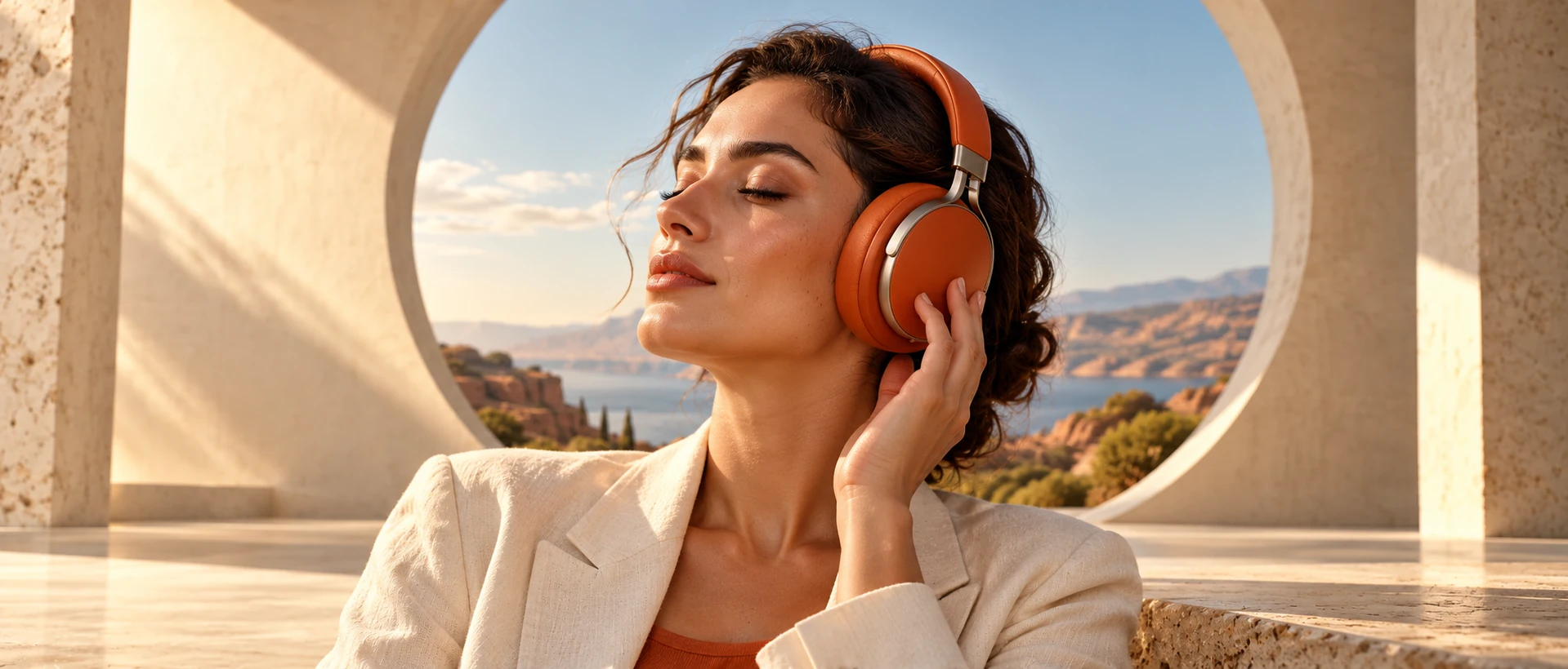 Open the advertising image of a woman wearing terracotta headphones