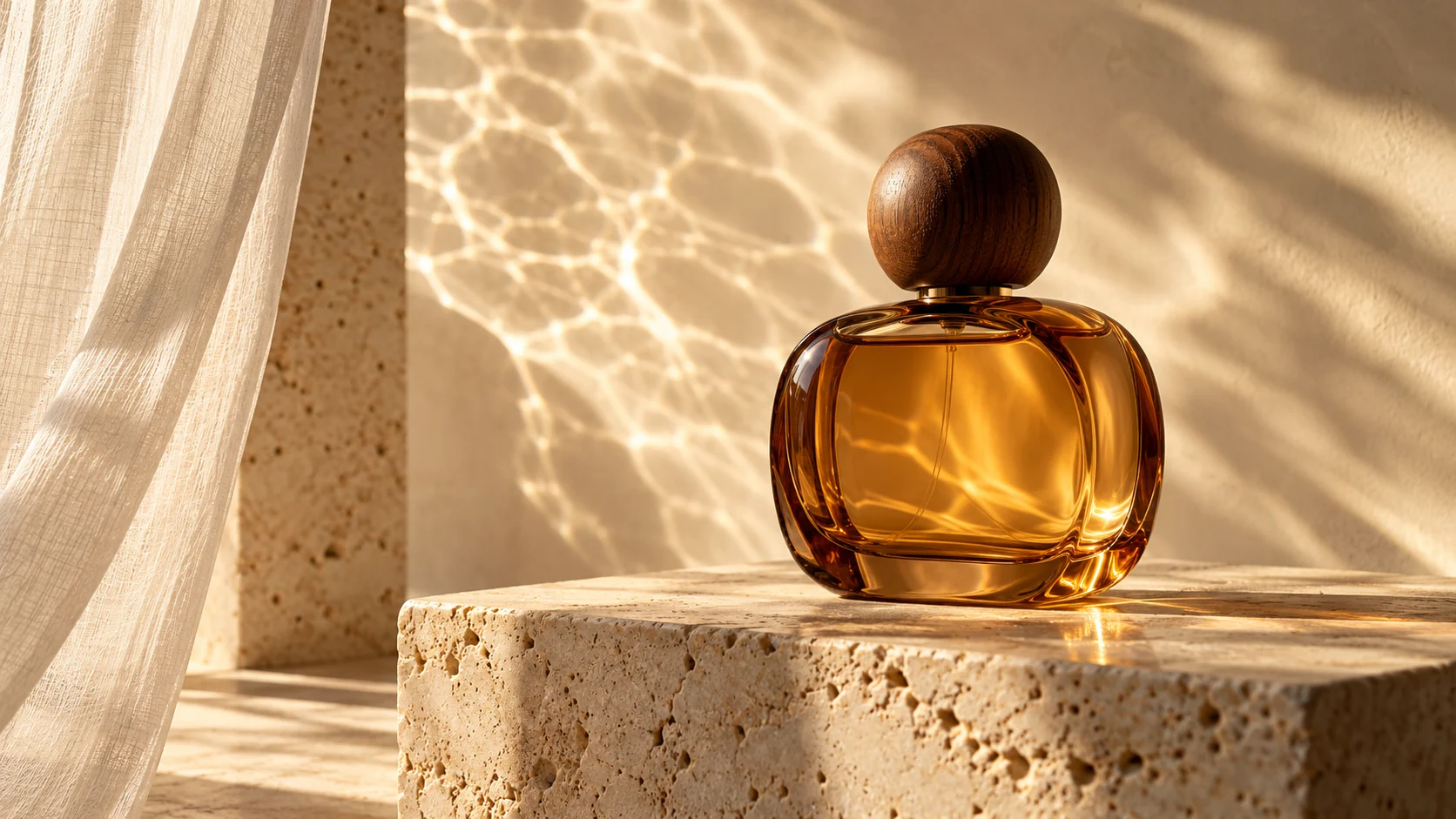 An amber bottle in a product advertising scene — an original AI concept